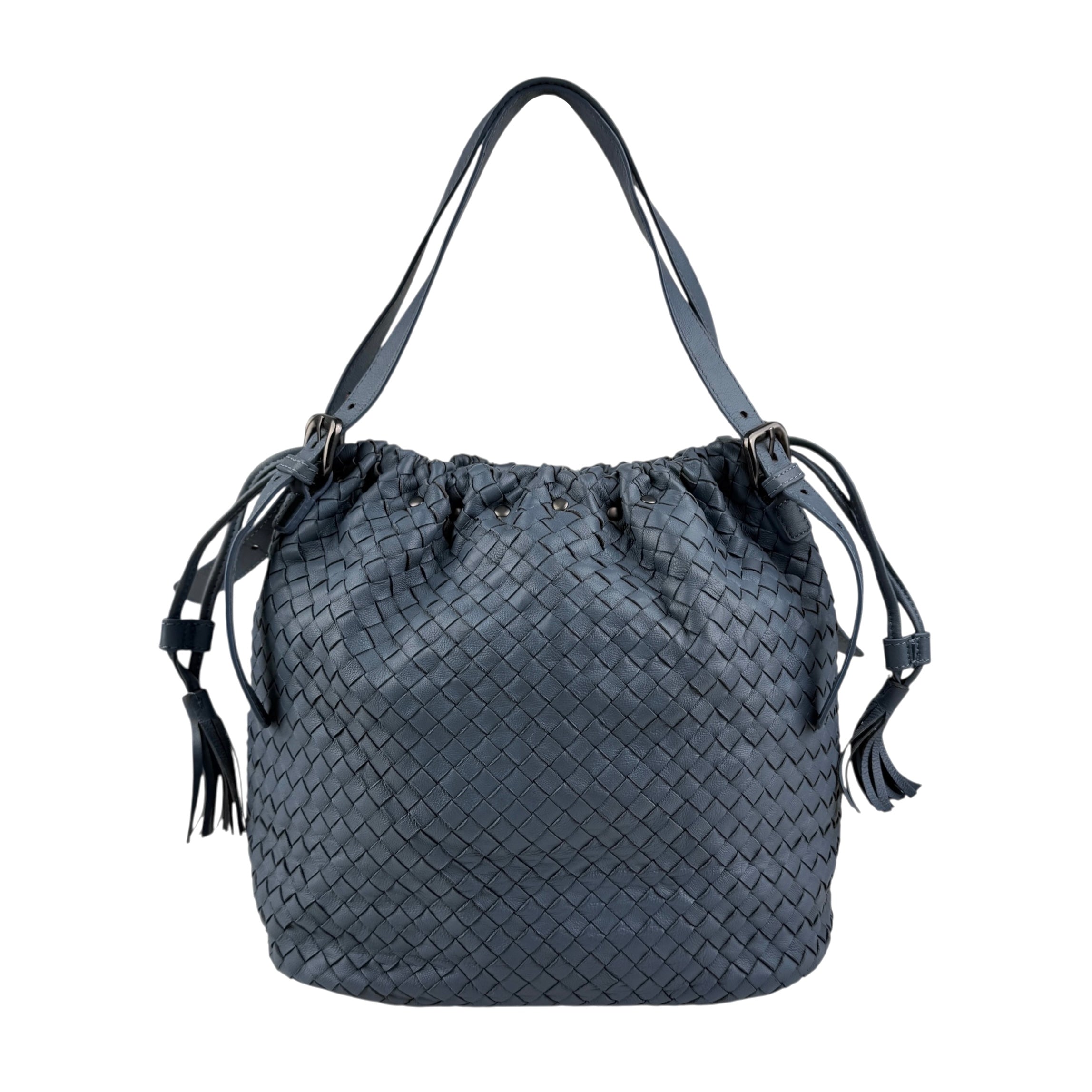 bottega veneta intrecciato blue leather shoulder bag front
