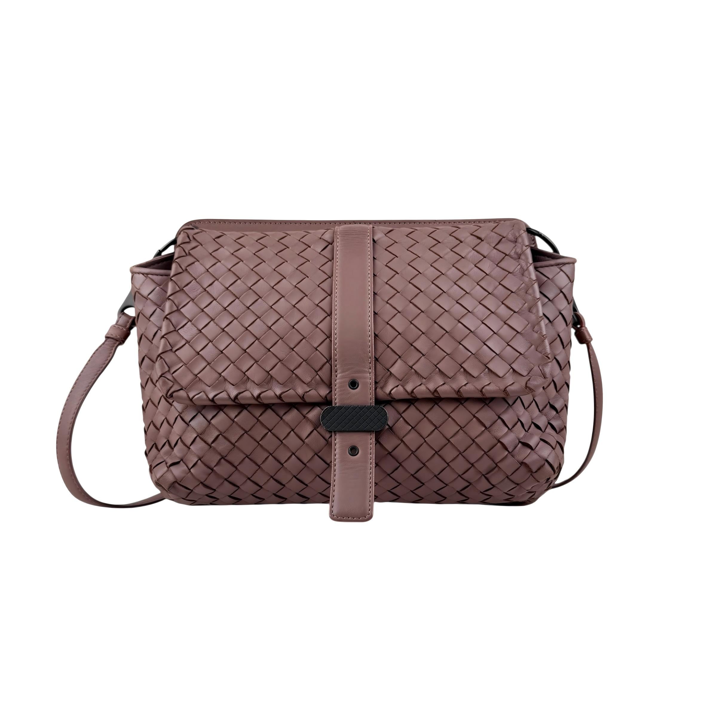 bottega veneta leather intrecciato double sided flap shoulder bag front