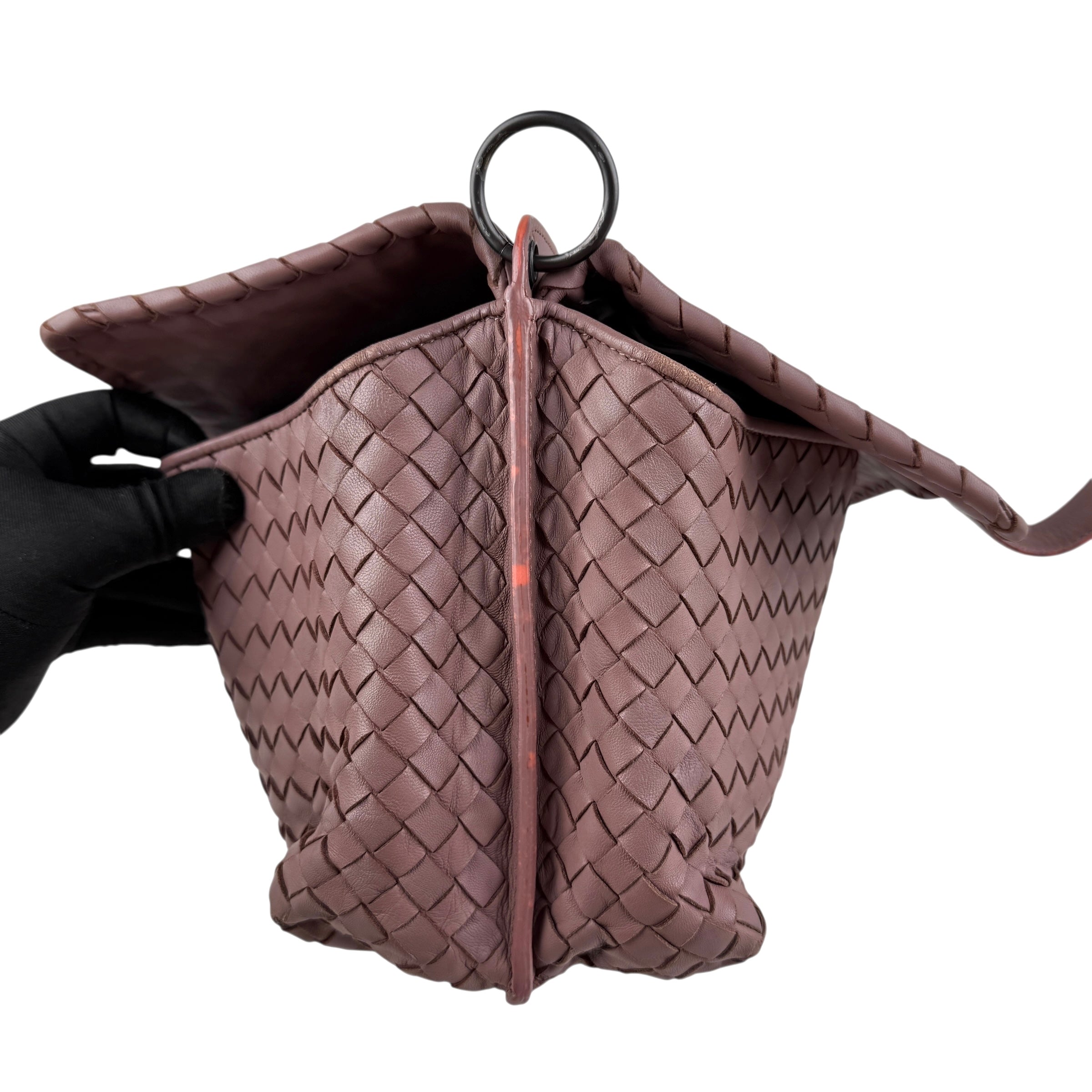 bottega veneta leather intrecciato double sided flap shoulder bag left