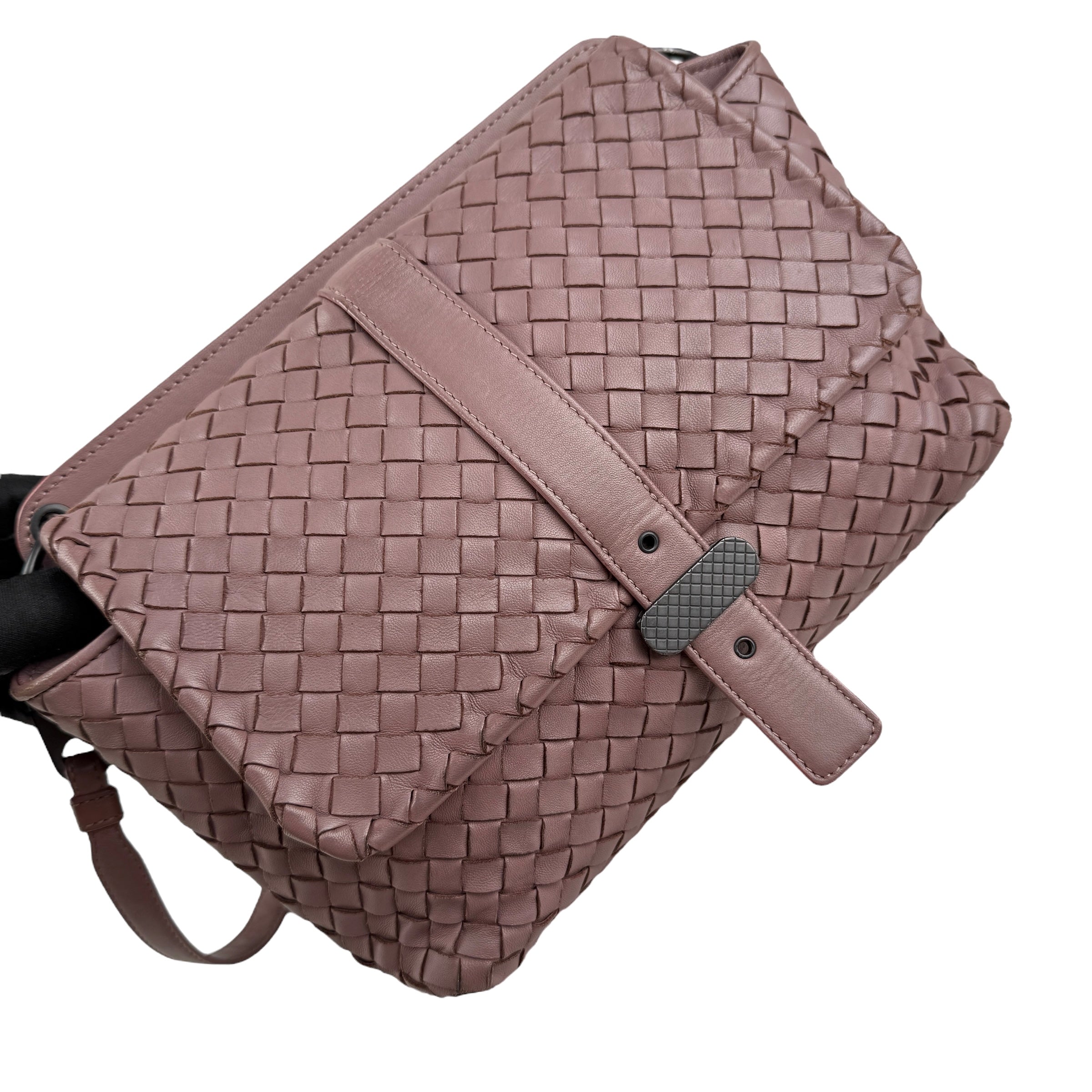 bottega veneta leather intrecciato double sided flap shoulder bag left front 45