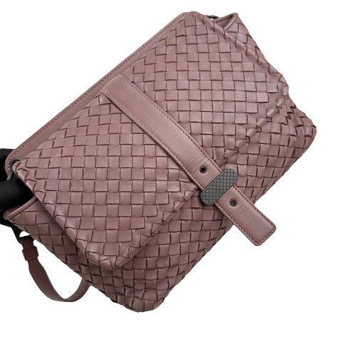 bottega veneta leather intrecciato double sided flap shoulder bag left front 45
