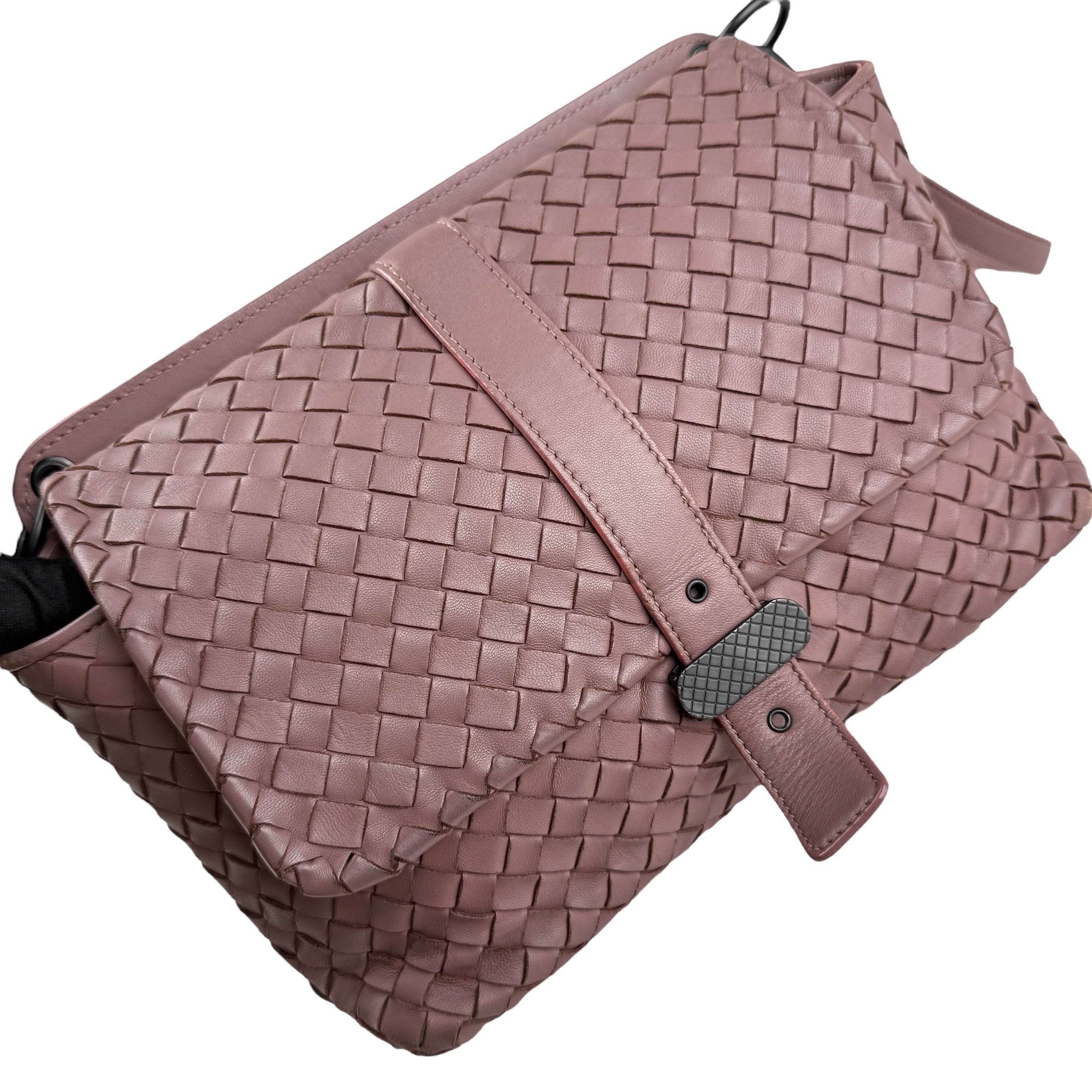 bottega veneta leather intrecciato double sided flap shoulder bag right front 45