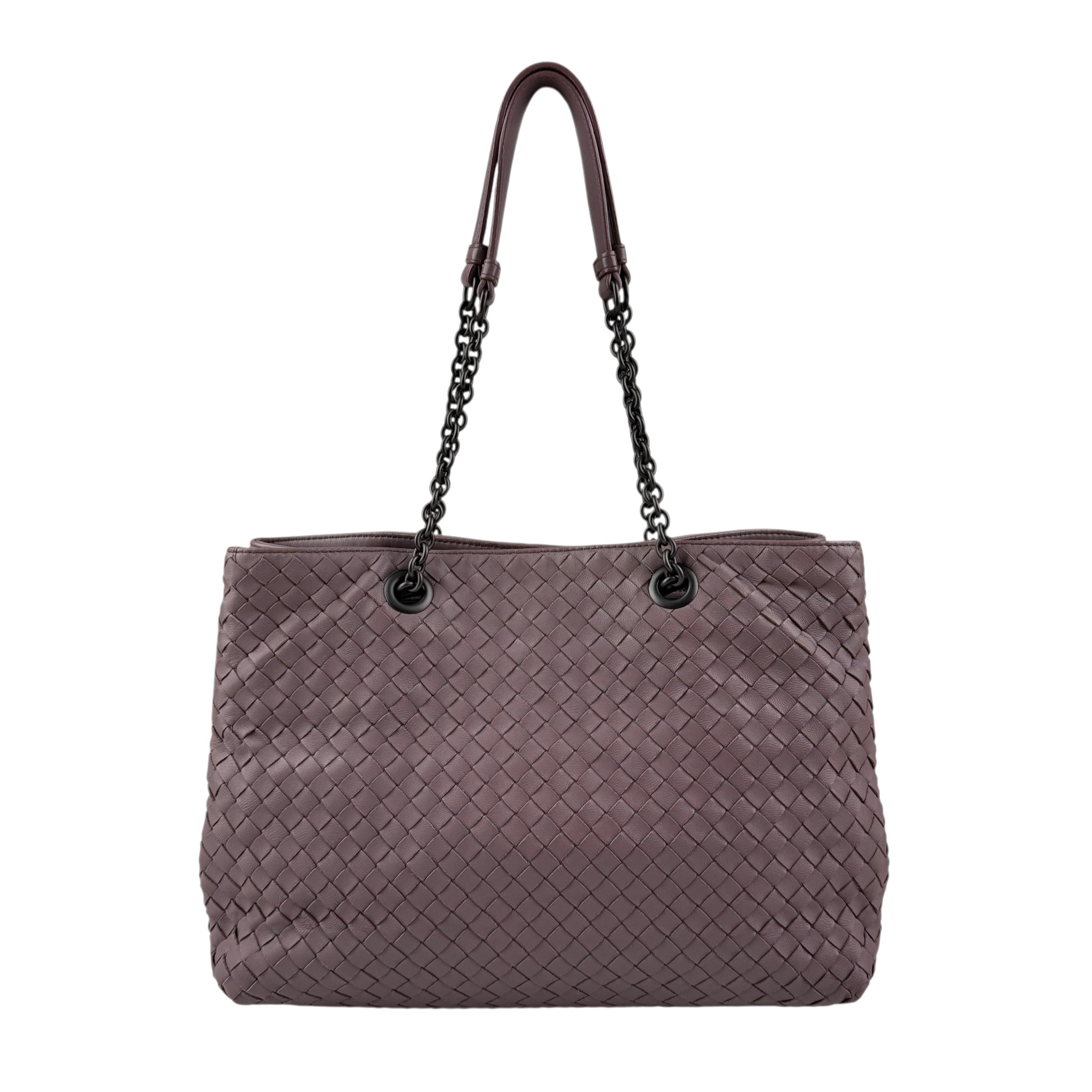 bottega veneta lilac intrecciato leather double chain tote back