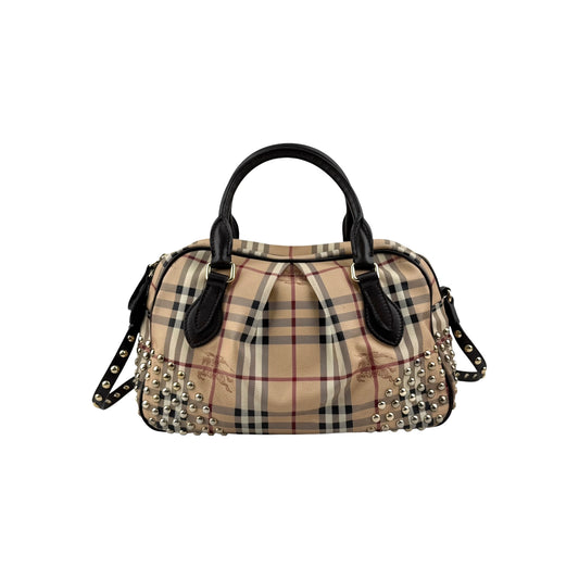 Burberry Beige/Brown Haymarket Check PVC and Leather Studded Satchel