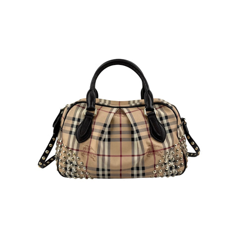 Burberry Beige/Brown Haymarket Check PVC and Leather Studded Satchel
