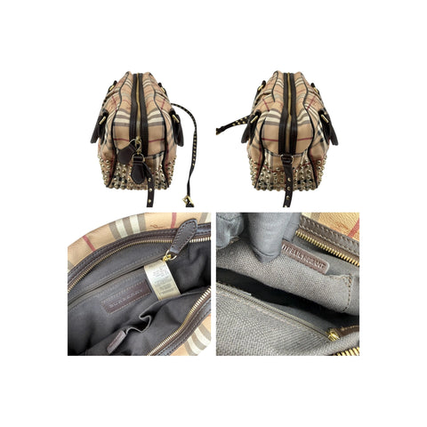 Burberry Beige/Brown Haymarket Check PVC and Leather Studded Satchel