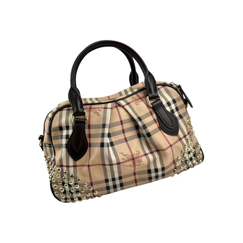 Burberry Beige/Brown Haymarket Check PVC and Leather Studded Satchel