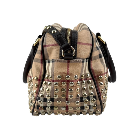 Burberry Beige/Brown Haymarket Check PVC and Leather Studded Satchel