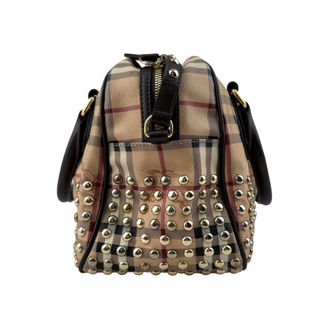 Burberry Beige/Brown Haymarket Check PVC and Leather Studded Satchel