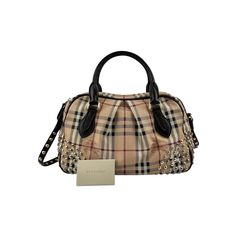 Burberry Beige/Brown Haymarket Check PVC and Leather Studded Satchel