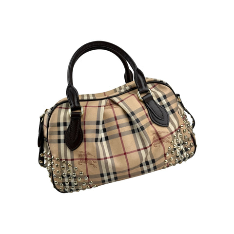 Burberry Beige/Brown Haymarket Check PVC and Leather Studded Satchel
