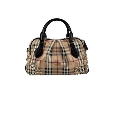Burberry Beige/Brown Haymarket Check PVC and Leather Studded Satchel