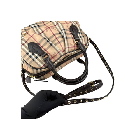Burberry Beige/Brown Haymarket Check PVC and Leather Studded Satchel