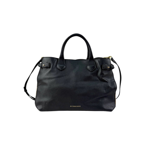 Burberry Black Grain Calf Leather House Check Medium Banner Tote Bag