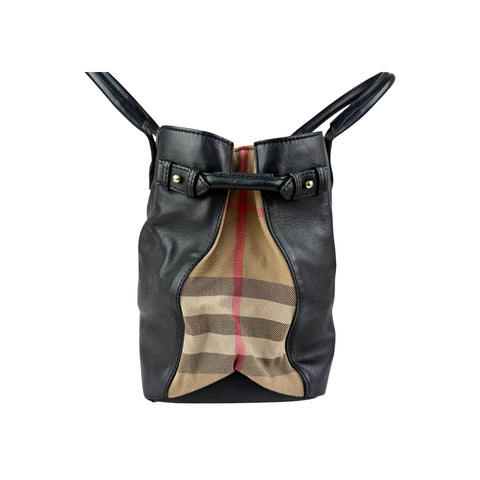 Burberry Black Grain Calf Leather House Check Medium Banner Tote Bag