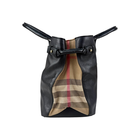 Burberry Black Grain Calf Leather House Check Medium Banner Tote Bag