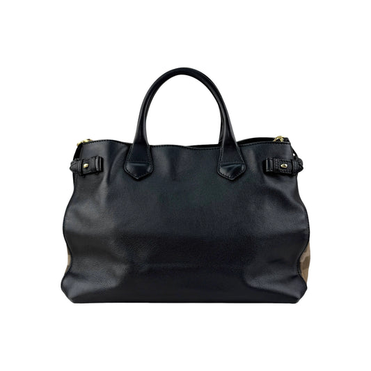 Burberry Black Grain Calf Leather House Check Medium Banner Tote Bag
