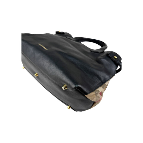 Burberry Black Grain Calf Leather House Check Medium Banner Tote Bag