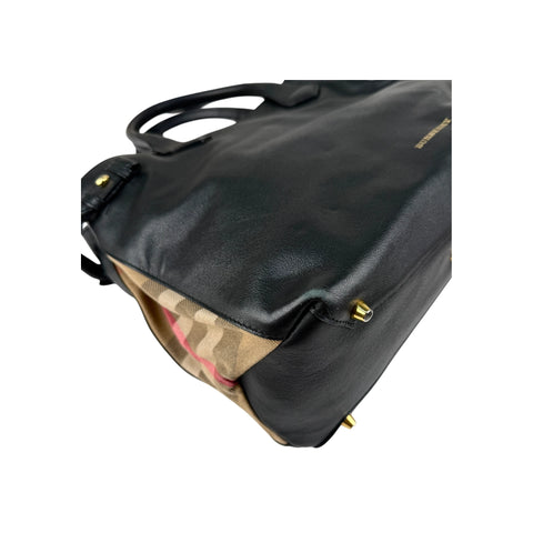 Burberry Black Grain Calf Leather House Check Medium Banner Tote Bag