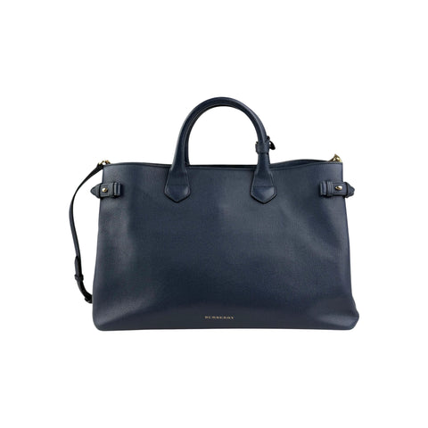 Burberry Blue Pebbled Leather House Check Medium Banner Tote Bag
