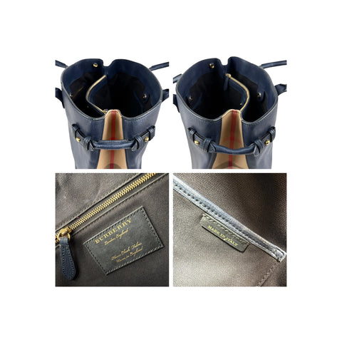 Burberry Blue Pebbled Leather House Check Medium Banner Tote Bag