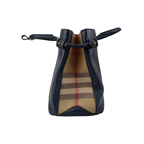 Burberry Blue Pebbled Leather House Check Medium Banner Tote Bag