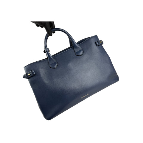 Burberry Blue Pebbled Leather House Check Medium Banner Tote Bag