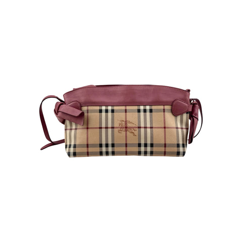 Burberry Haymarket Check Coated Canvas Pink Leather Bow Tie Crossbody Bag