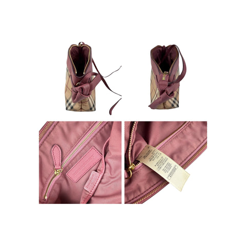 Burberry Haymarket Check Coated Canvas Pink Leather Bow Tie Crossbody Bag