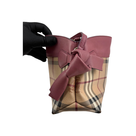 Burberry Haymarket Check Coated Canvas Pink Leather Bow Tie Crossbody Bag