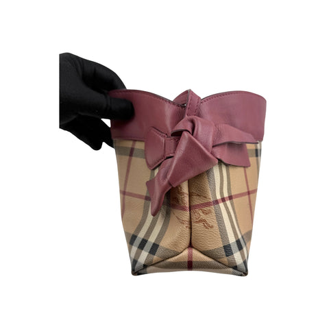 Burberry Haymarket Check Coated Canvas Pink Leather Bow Tie Crossbody Bag