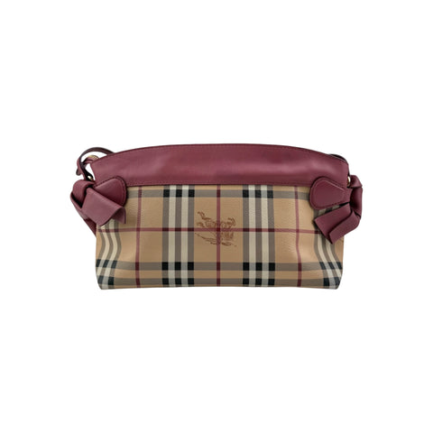 Burberry Haymarket Check Coated Canvas Pink Leather Bow Tie Crossbody Bag