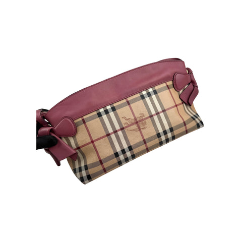 Burberry Haymarket Check Coated Canvas Pink Leather Bow Tie Crossbody Bag