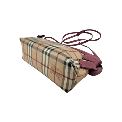 Burberry Haymarket Check Coated Canvas Pink Leather Bow Tie Crossbody Bag