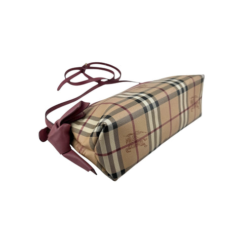 Burberry Haymarket Check Coated Canvas Pink Leather Bow Tie Crossbody Bag