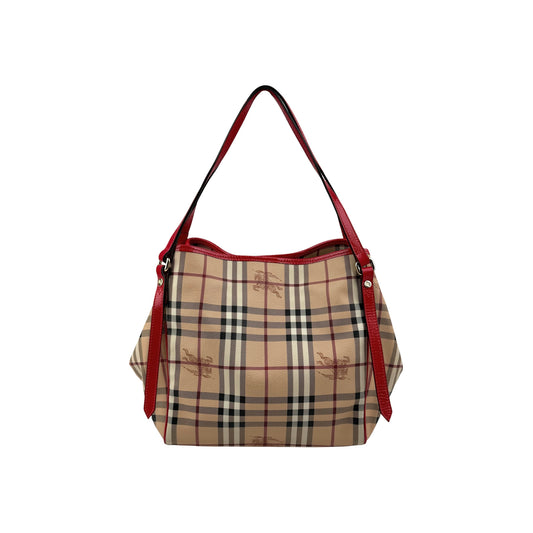 Burberry Red Leather Haymarket Check Canvas Canterbury Tote Bag