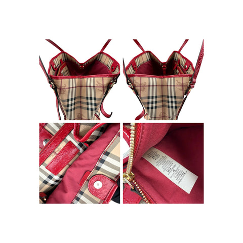 Burberry Red Leather Haymarket Check Canvas Canterbury Tote Bag
