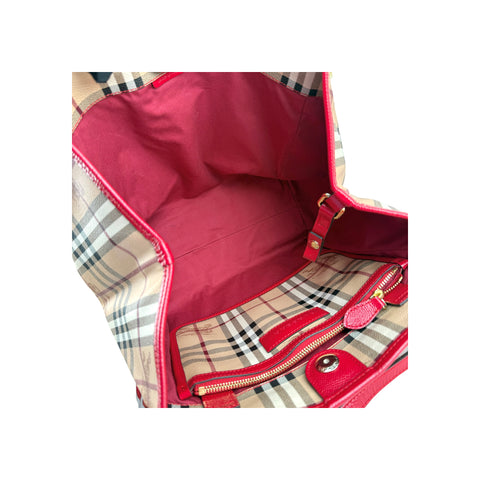 Burberry Red Leather Haymarket Check Canvas Canterbury Tote Bag