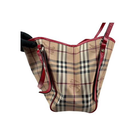 Burberry Red Leather Haymarket Check Canvas Canterbury Tote Bag