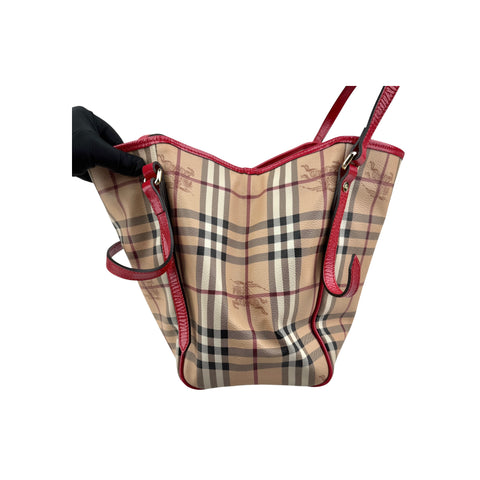 Burberry Red Leather Haymarket Check Canvas Canterbury Tote Bag