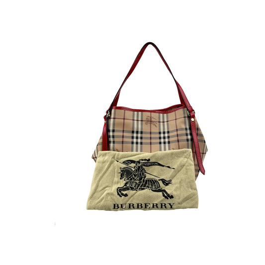 Burberry Red Leather Haymarket Check Canvas Canterbury Tote Bag