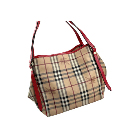 Burberry Red Leather Haymarket Check Canvas Canterbury Tote Bag