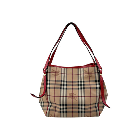 Burberry Red Leather Haymarket Check Canvas Canterbury Tote Bag