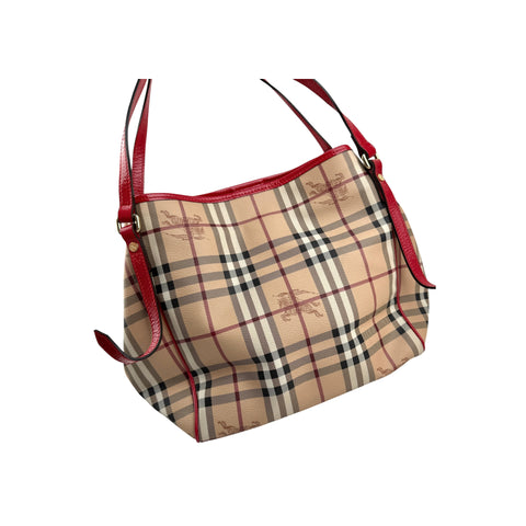 Burberry Red Leather Haymarket Check Canvas Canterbury Tote Bag