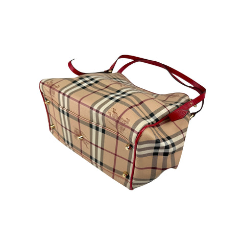 Burberry Red Leather Haymarket Check Canvas Canterbury Tote Bag