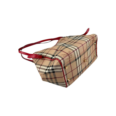 Burberry Red Leather Haymarket Check Canvas Canterbury Tote Bag