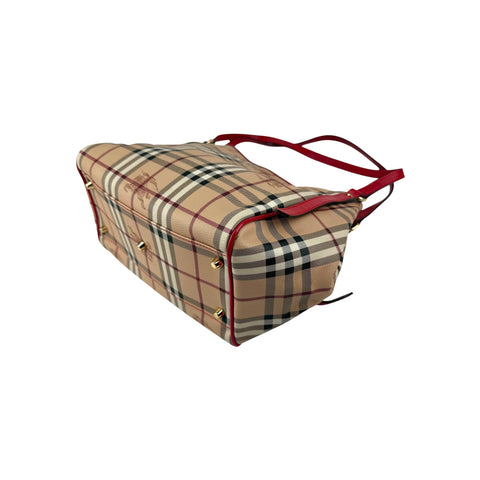 Burberry Red Leather Haymarket Check Canvas Canterbury Tote Bag