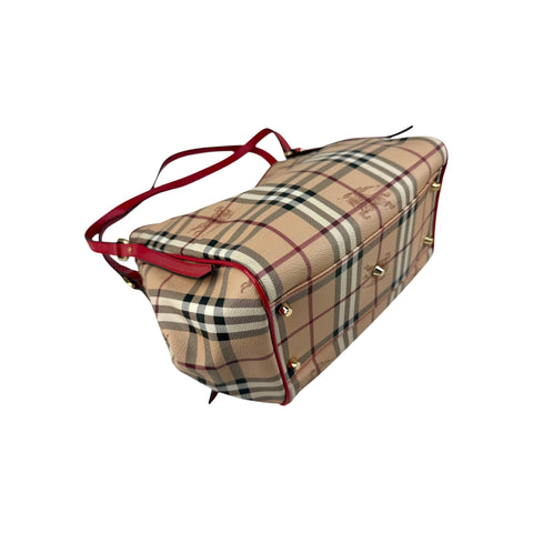 Burberry Red Leather Haymarket Check Canvas Canterbury Tote Bag