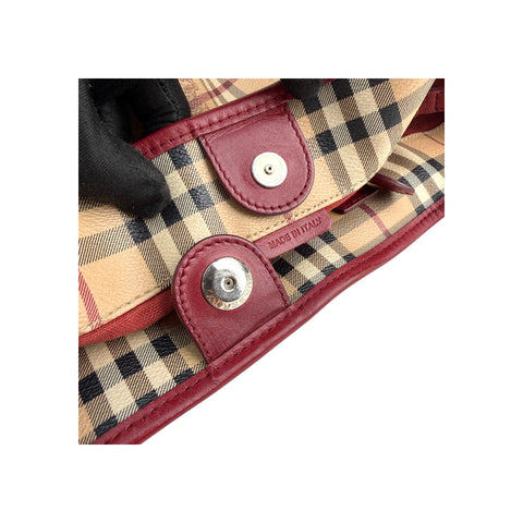 Burberry Red Leather Haymarket Check Coated Canvas Large Canterbury Tote Bag