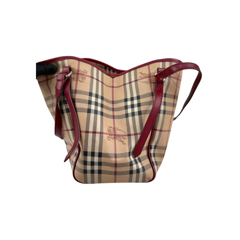 Burberry Red Leather Haymarket Check Coated Canvas Large Canterbury Tote Bag